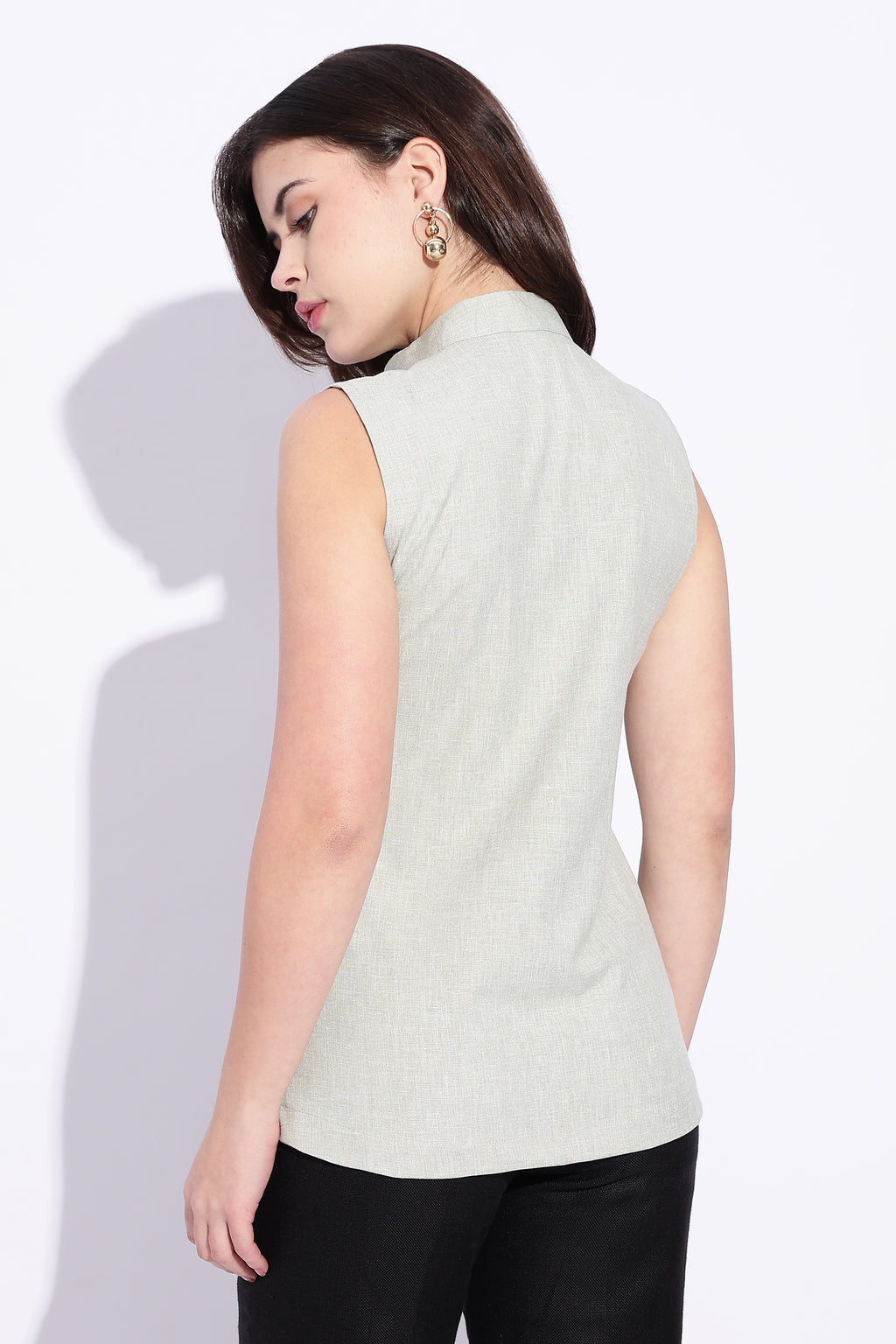 Mandarin style cotton x Linen Light Green sleeveless top
