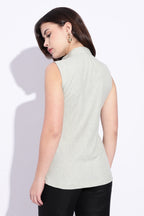Mandarin style cotton x Linen Light Green sleeveless top