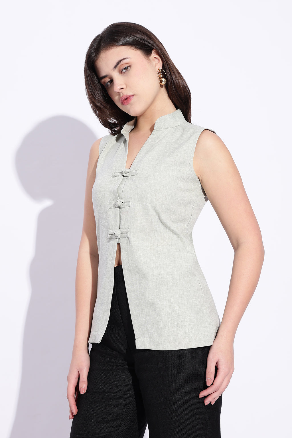 Mandarin style cotton x Linen Light Green sleeveless top