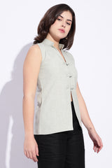 Mandarin style cotton x Linen Light Green sleeveless top