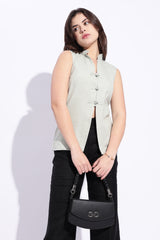 Mandarin style cotton x Linen Light Green sleeveless top