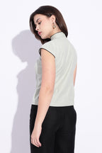 Mandarin style fitted cotton x Linen Light Green top