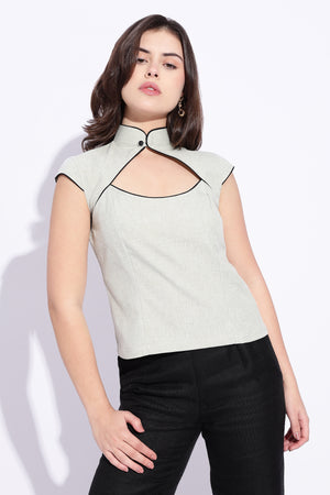 Sage Mandarin Cotton Linen Top