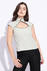 Mandarin style fitted cotton x Linen Light Green top