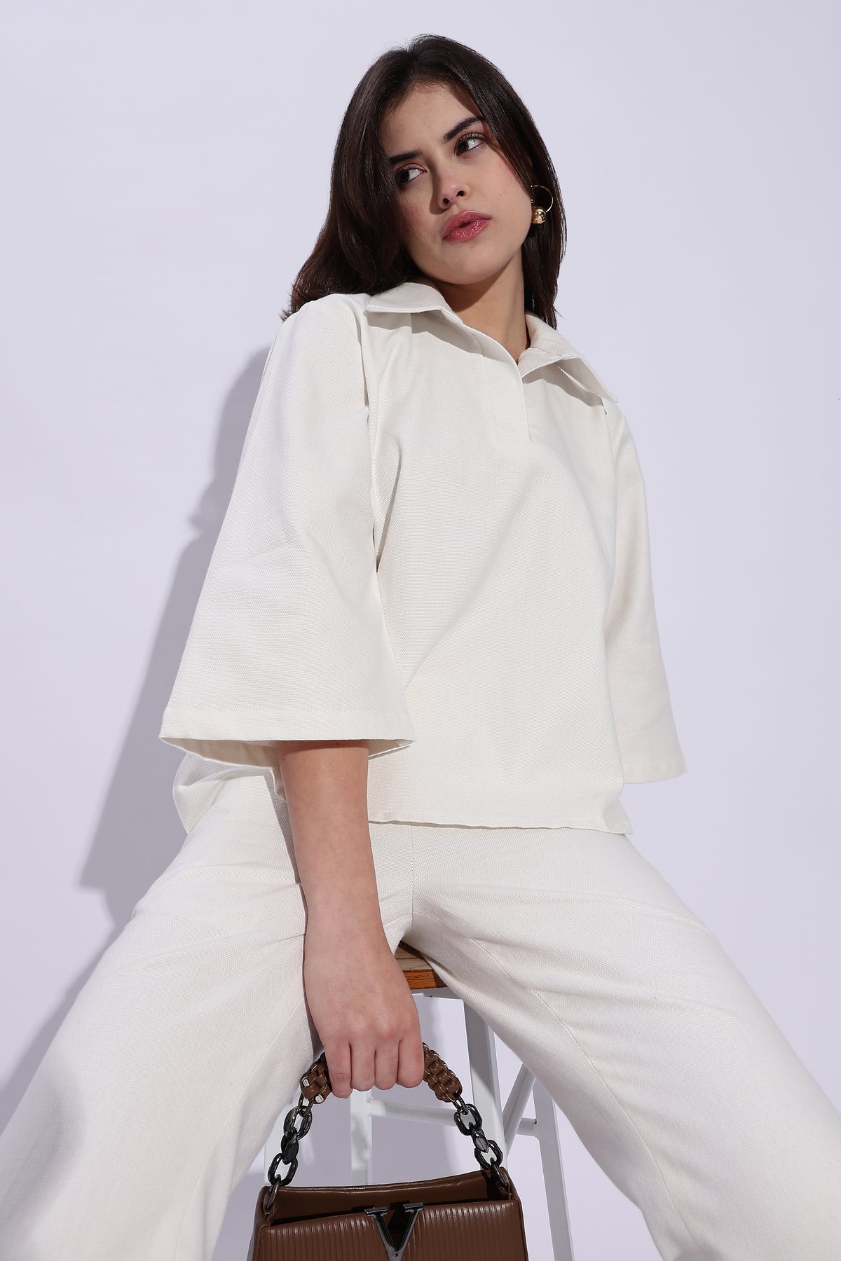 Pure Cotton Canvas White Loose fit Polo with 3/4th bell Sleeves