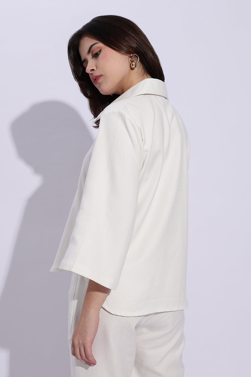 Pure Cotton Canvas White Loose fit Polo with 3/4th bell Sleeves