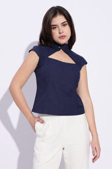 Mandarin style fitted cotton x Linen Indigo Blue top