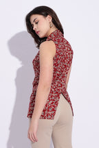 Maroon floral block print Collared Waist coat top