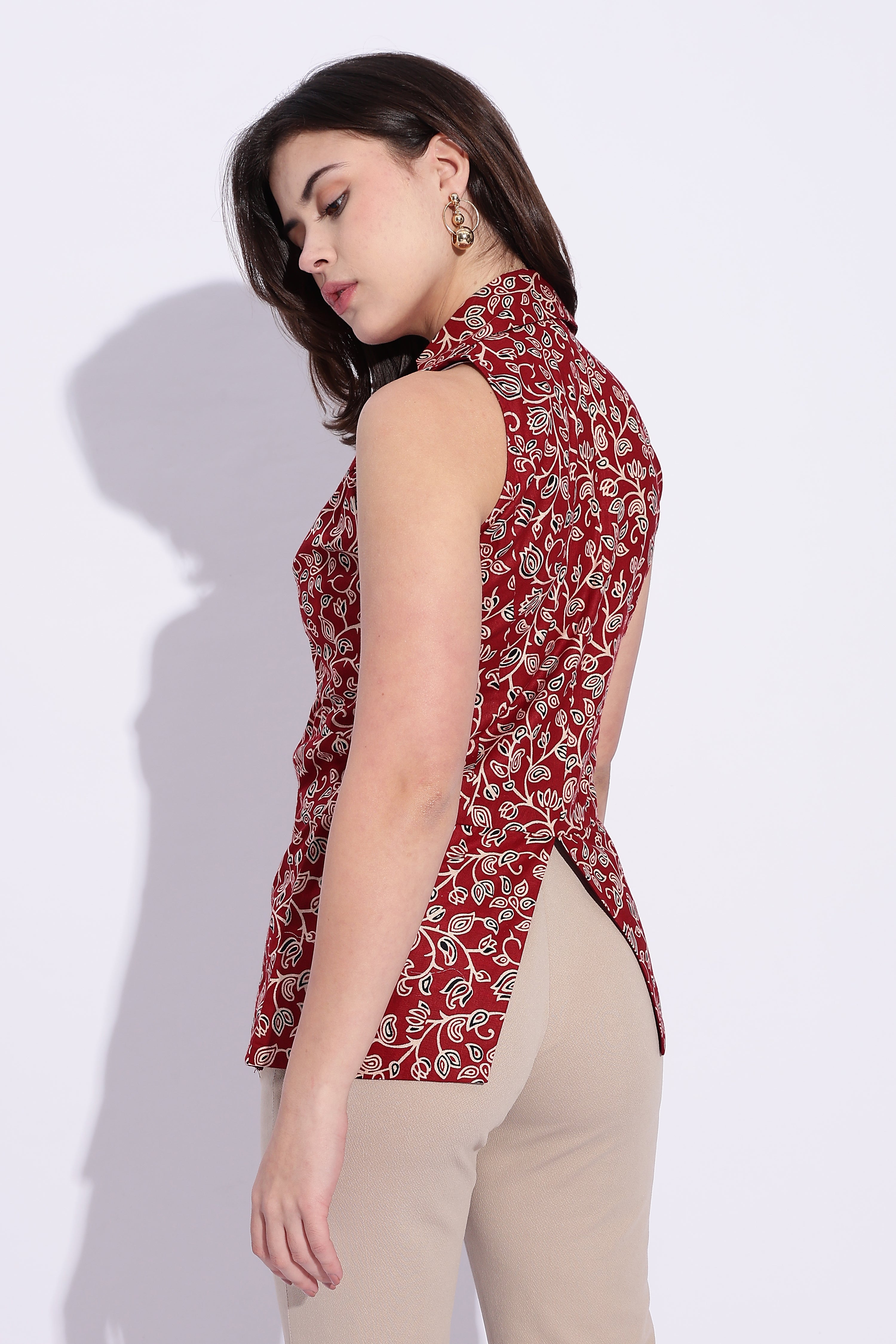 Maroon floral block print Collared Waist coat top