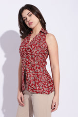 Maroon floral block print Collared Waist coat top