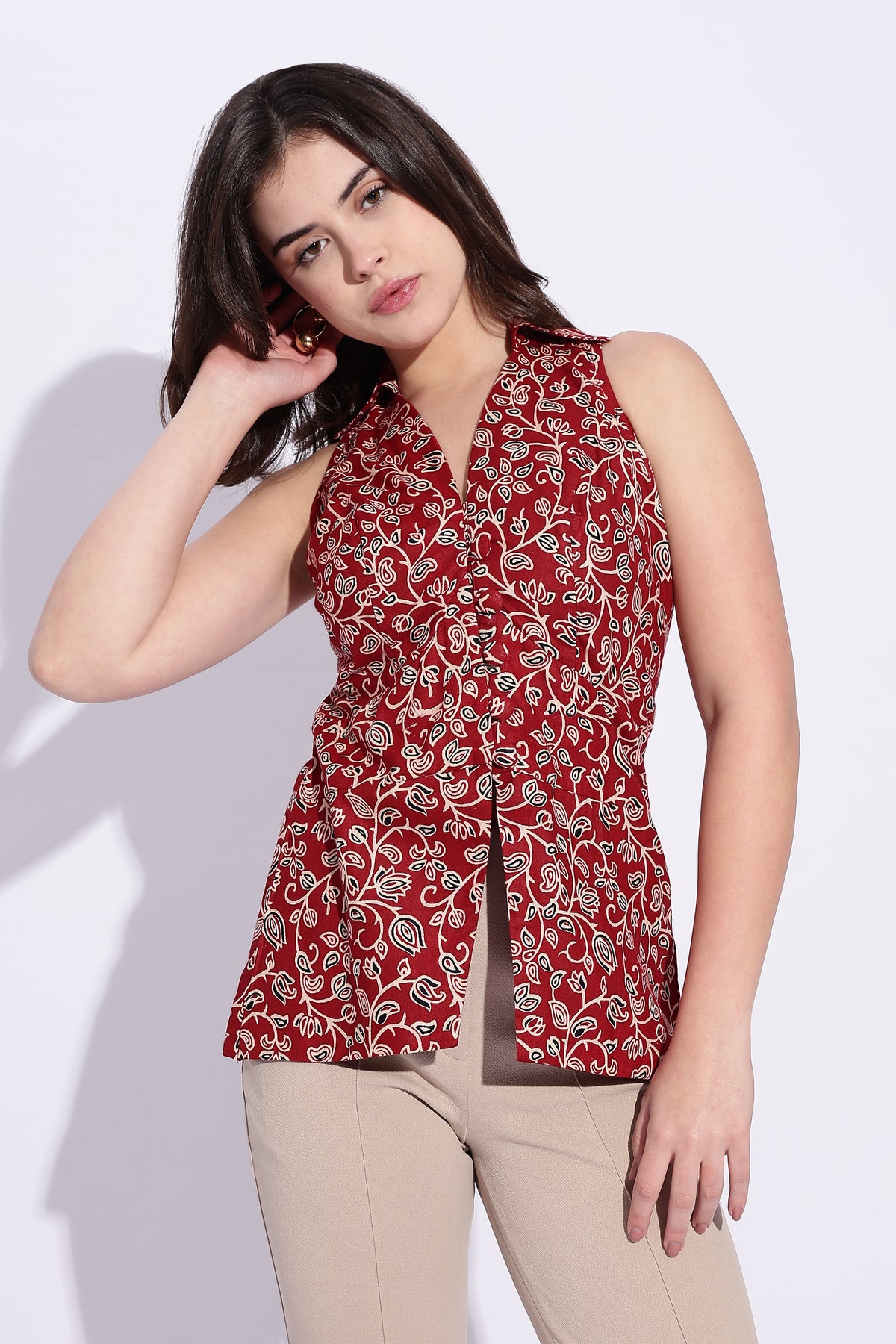Maroon floral block print Collared Waist coat top