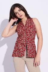 Maroon floral block print Collared Waist coat top