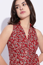 Maroon floral block print Collared Waist coat top