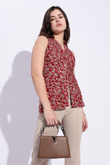 Maroon floral block print Collared Waist coat top
