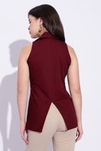 Maroon pure cotton collared waist coat top