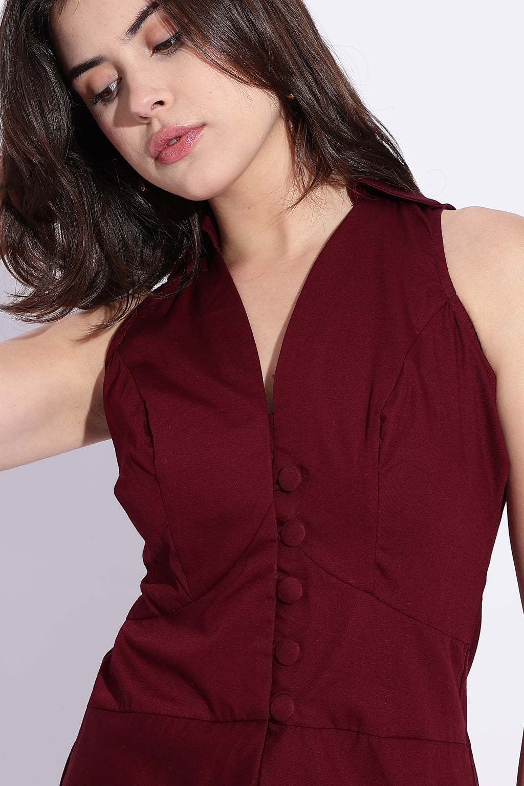 Maroon pure cotton collared waist coat top