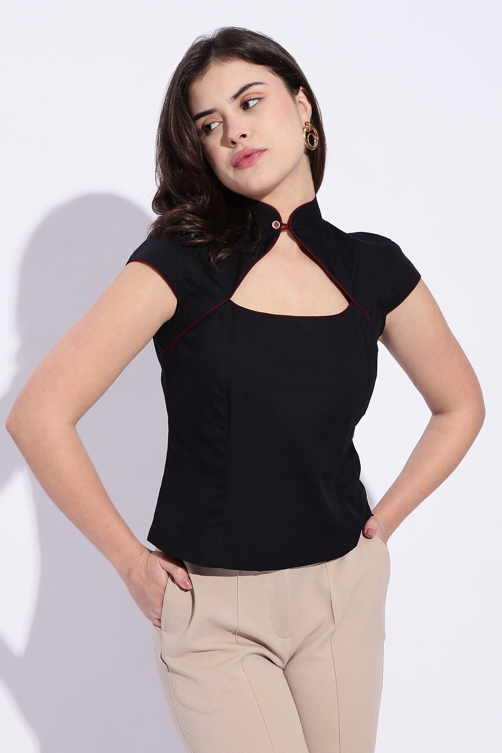 Mandarin style fitted cotton black top