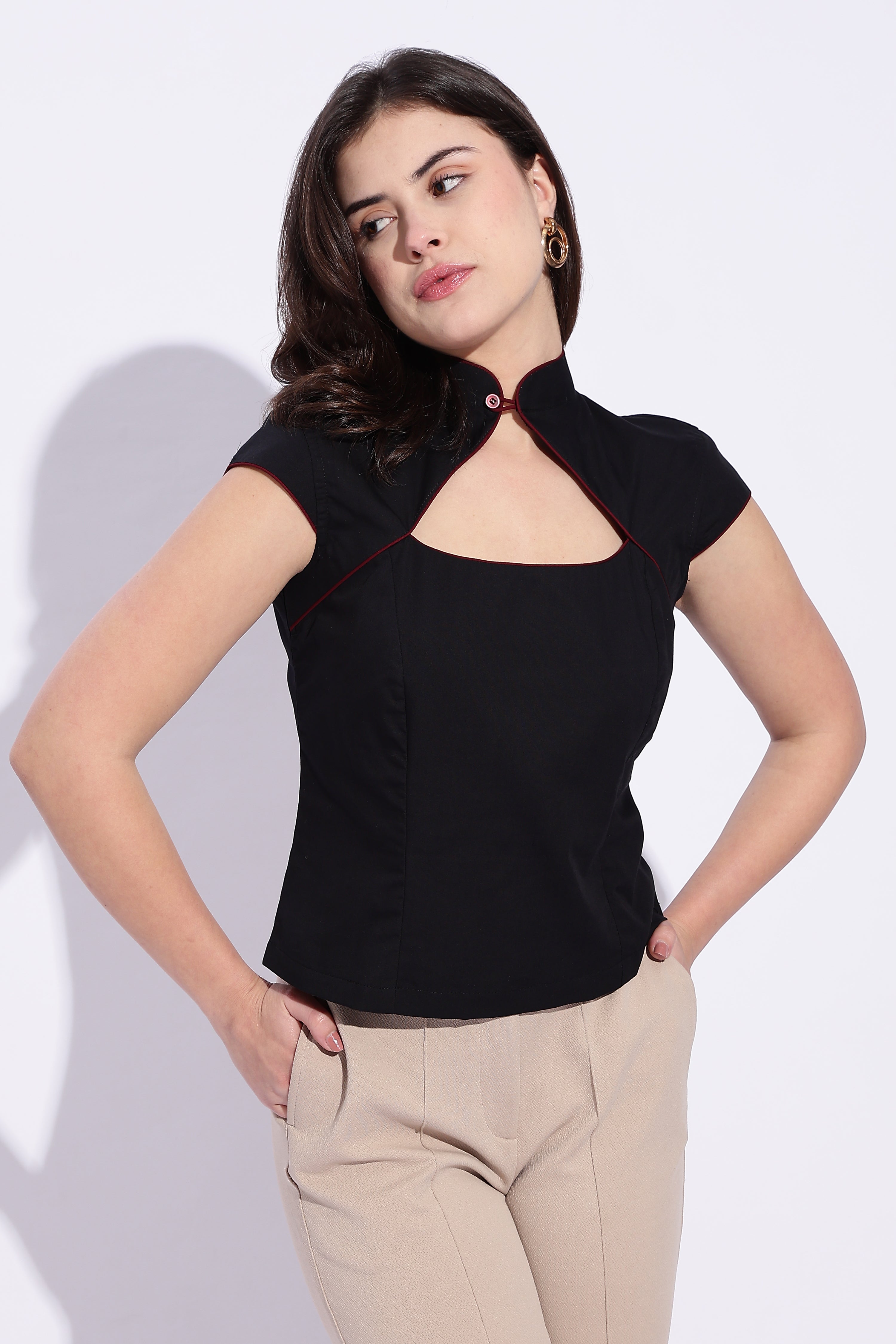 Mandarin style fitted cotton black top