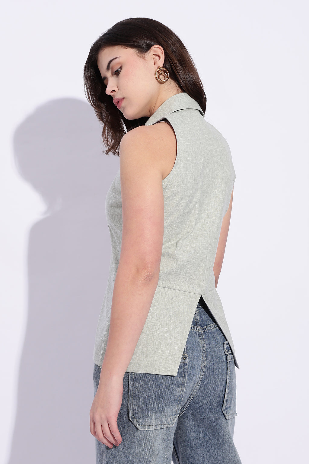 Light Green cotton x linen collared waist coat top