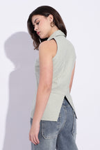 Light Green cotton x linen collared waist coat top