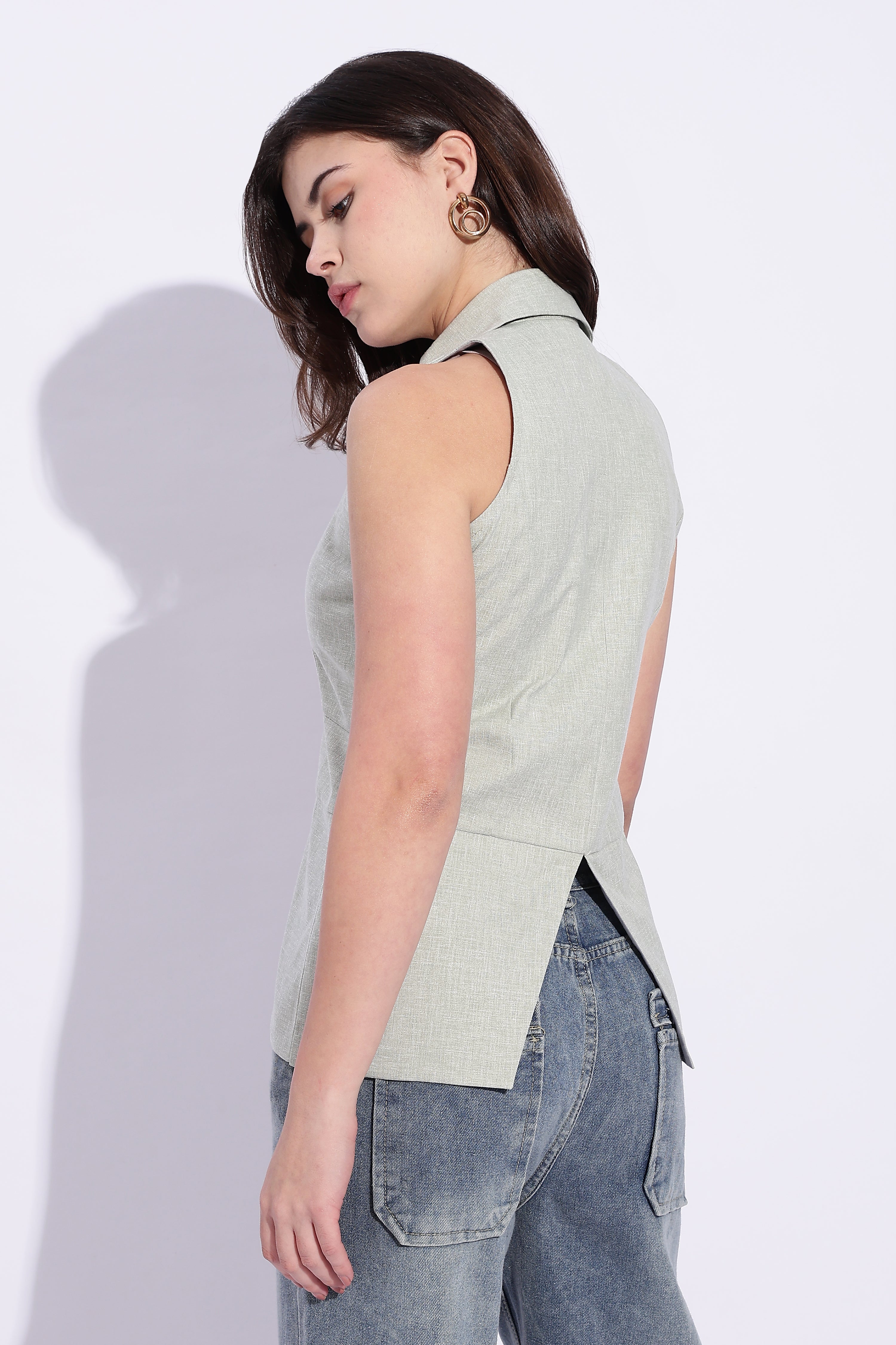 Light Green cotton x linen collared waist coat top