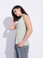 Light Green cotton x linen collared waist coat top