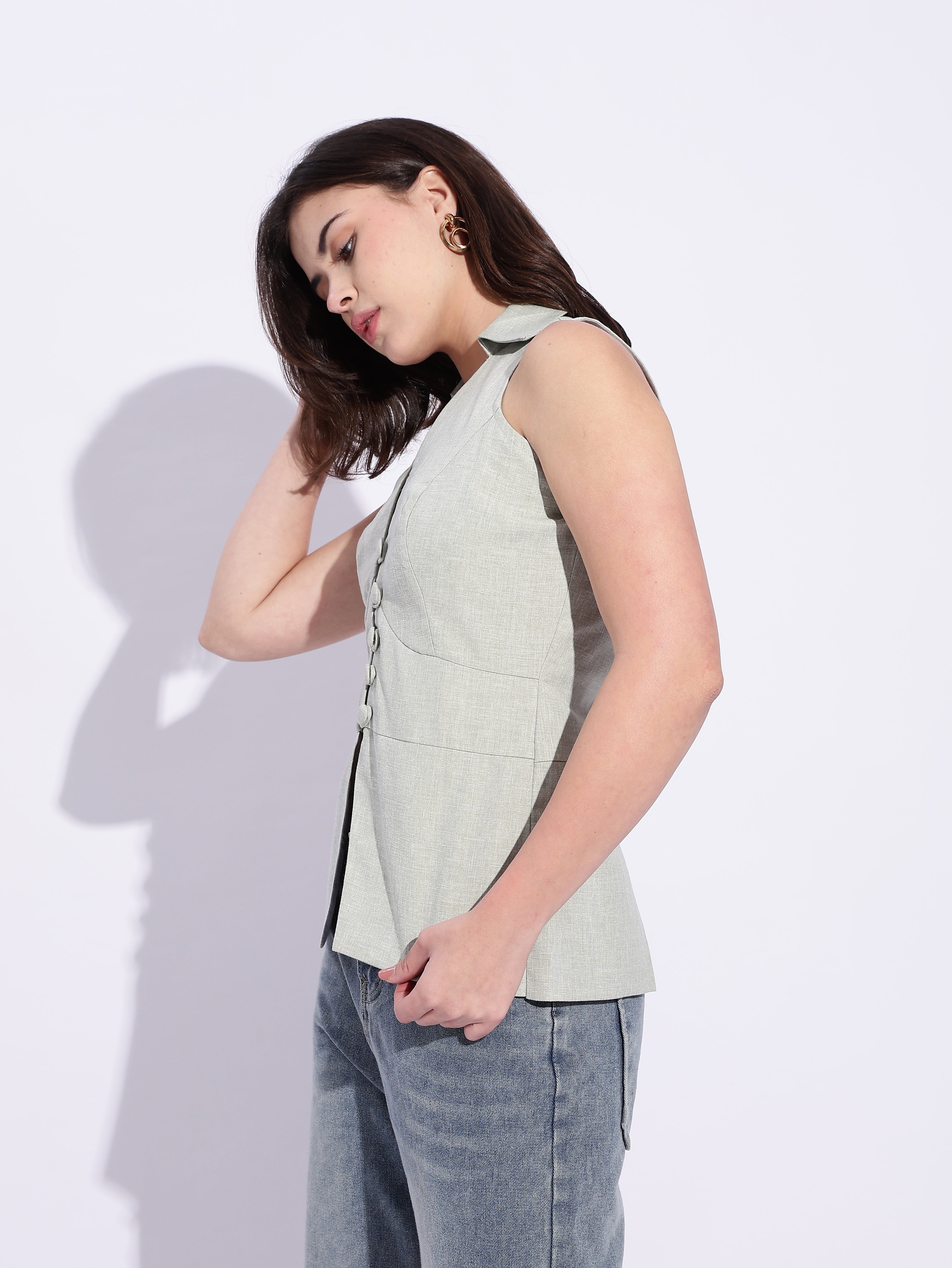 Light Green cotton x linen collared waist coat top