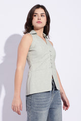 Light Green cotton x linen collared waist coat top