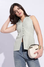 Light Green cotton x linen collared waist coat top