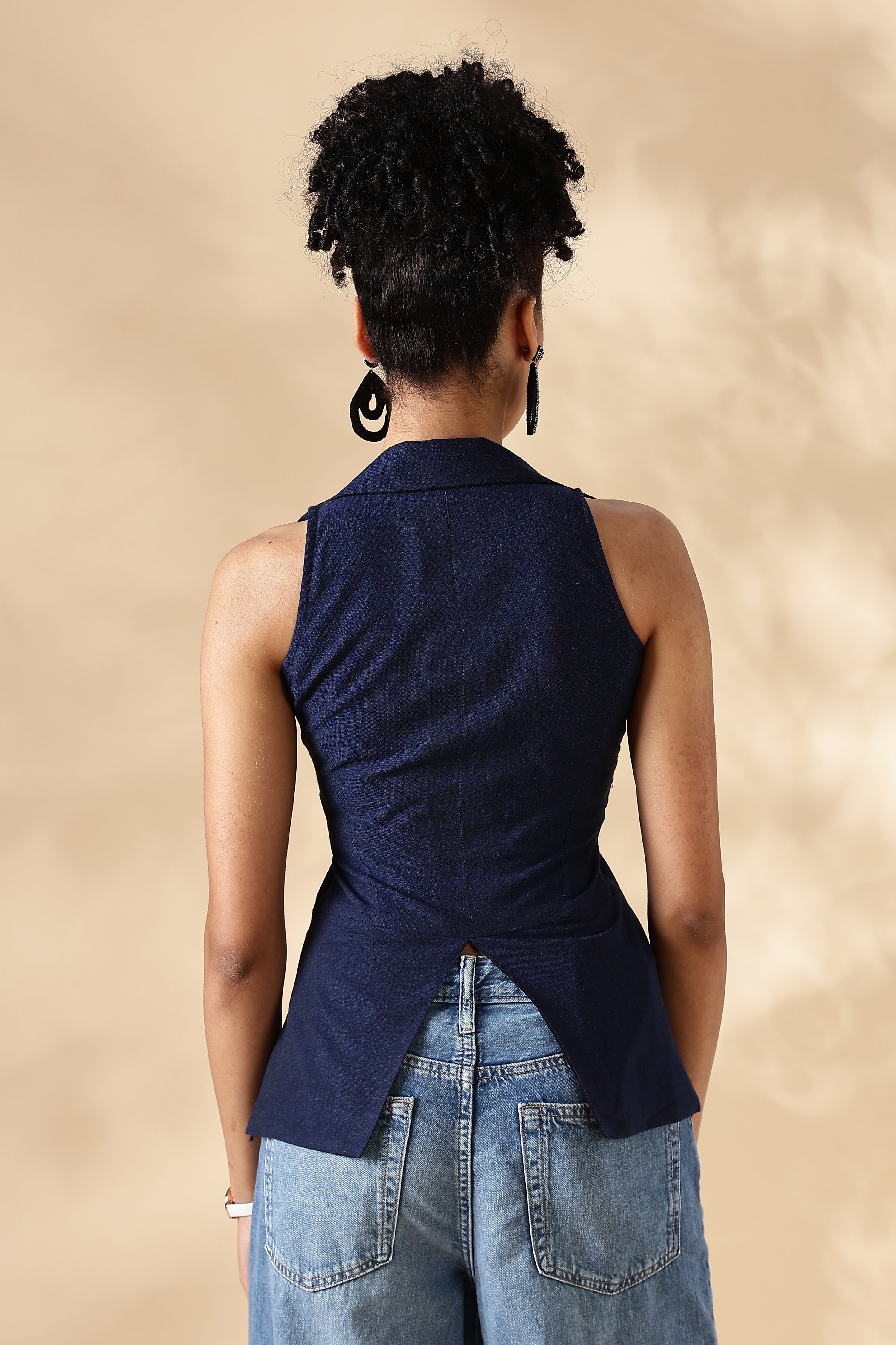 Handloom Blue Cotton Collared Waist Coat