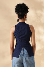 Handloom Blue Cotton Collared Waist Coat