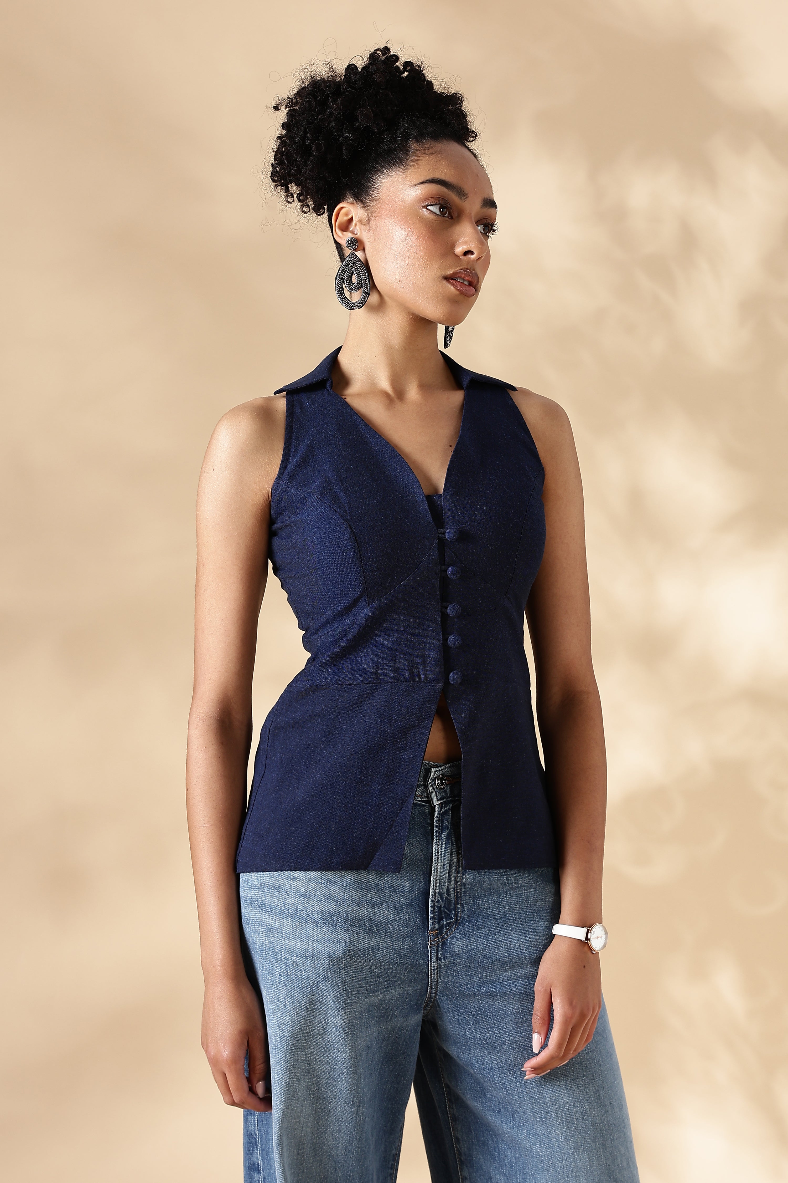 Handloom Blue Cotton Collared Waist Coat