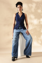 Handloom Blue Cotton Collared Waist Coat
