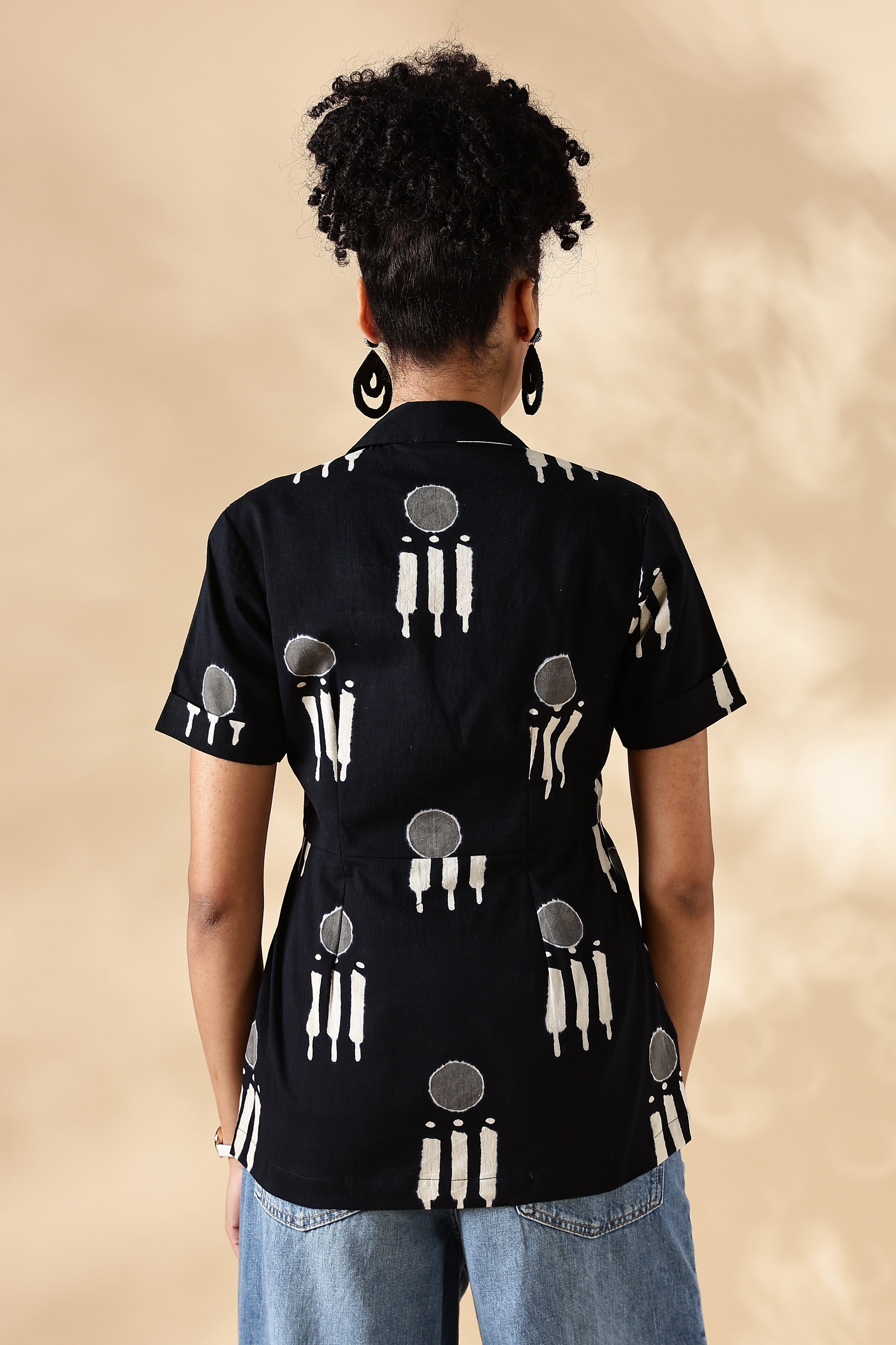 Black Hand block print Oversized Cuban Shirt: