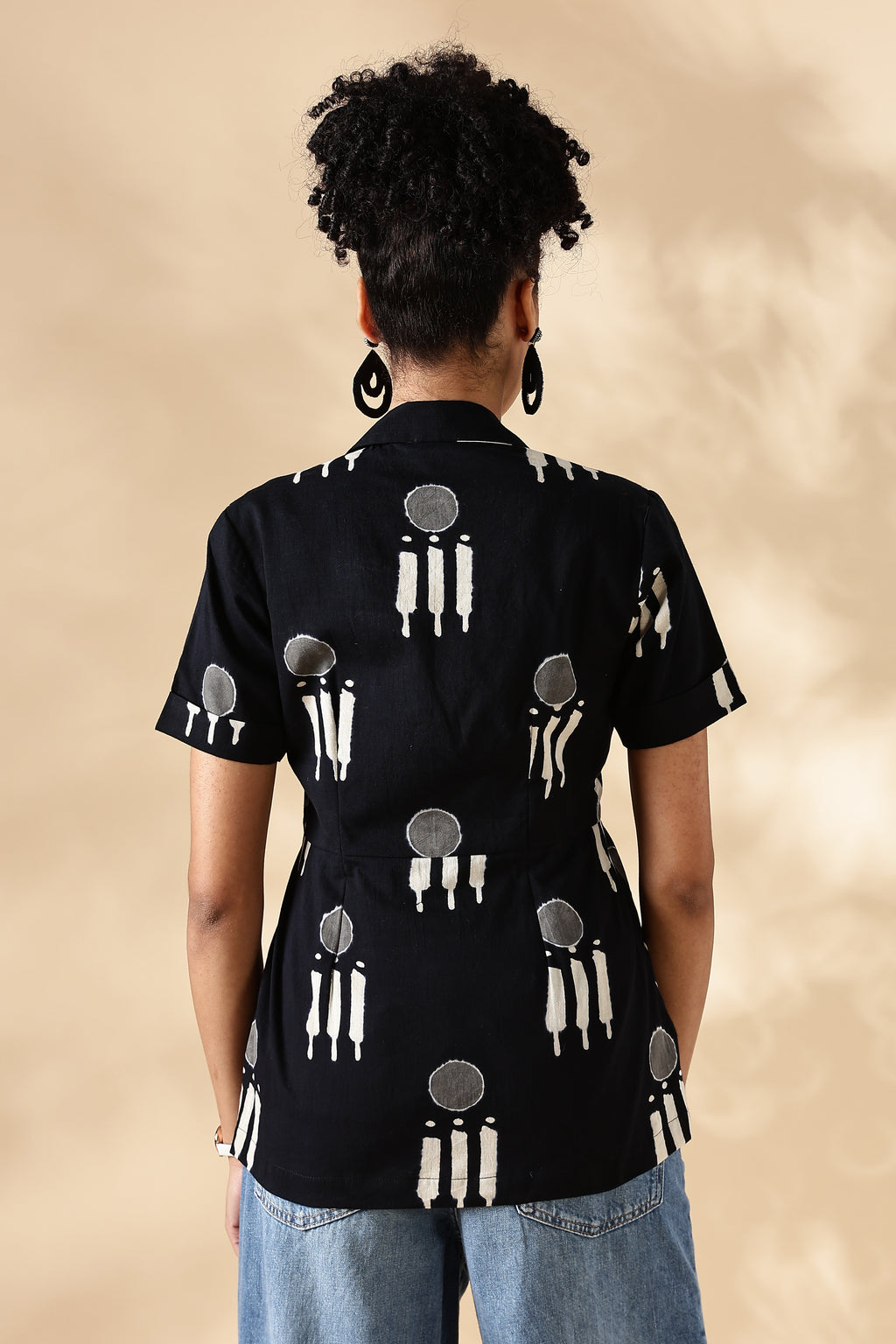 Black Hand block print Oversized Cuban Shirt: