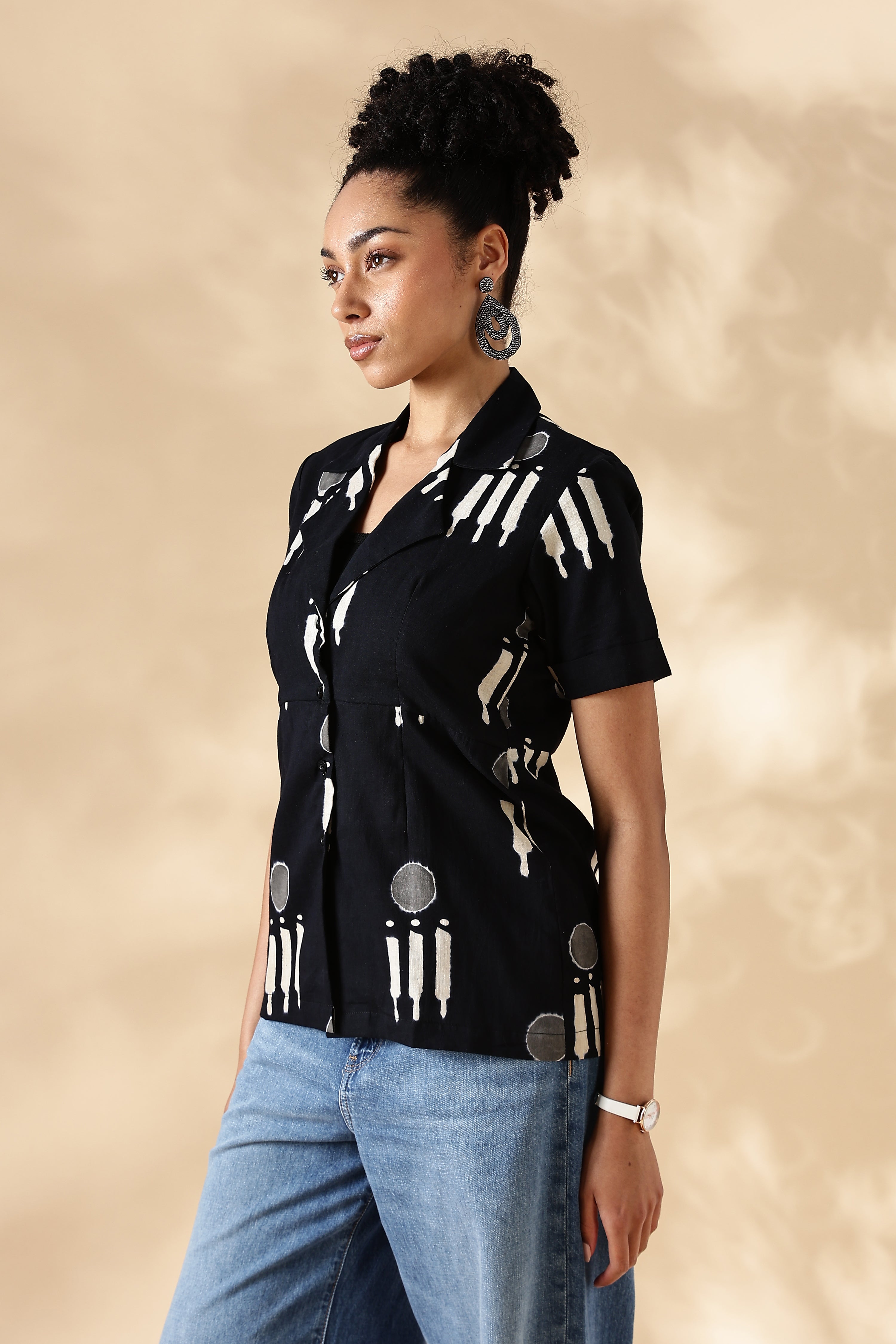 Black Hand block print Oversized Cuban Shirt: