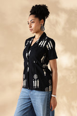 Black Hand block print Oversized Cuban Shirt: