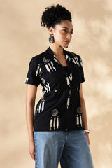 Black Hand block print Oversized Cuban Shirt: