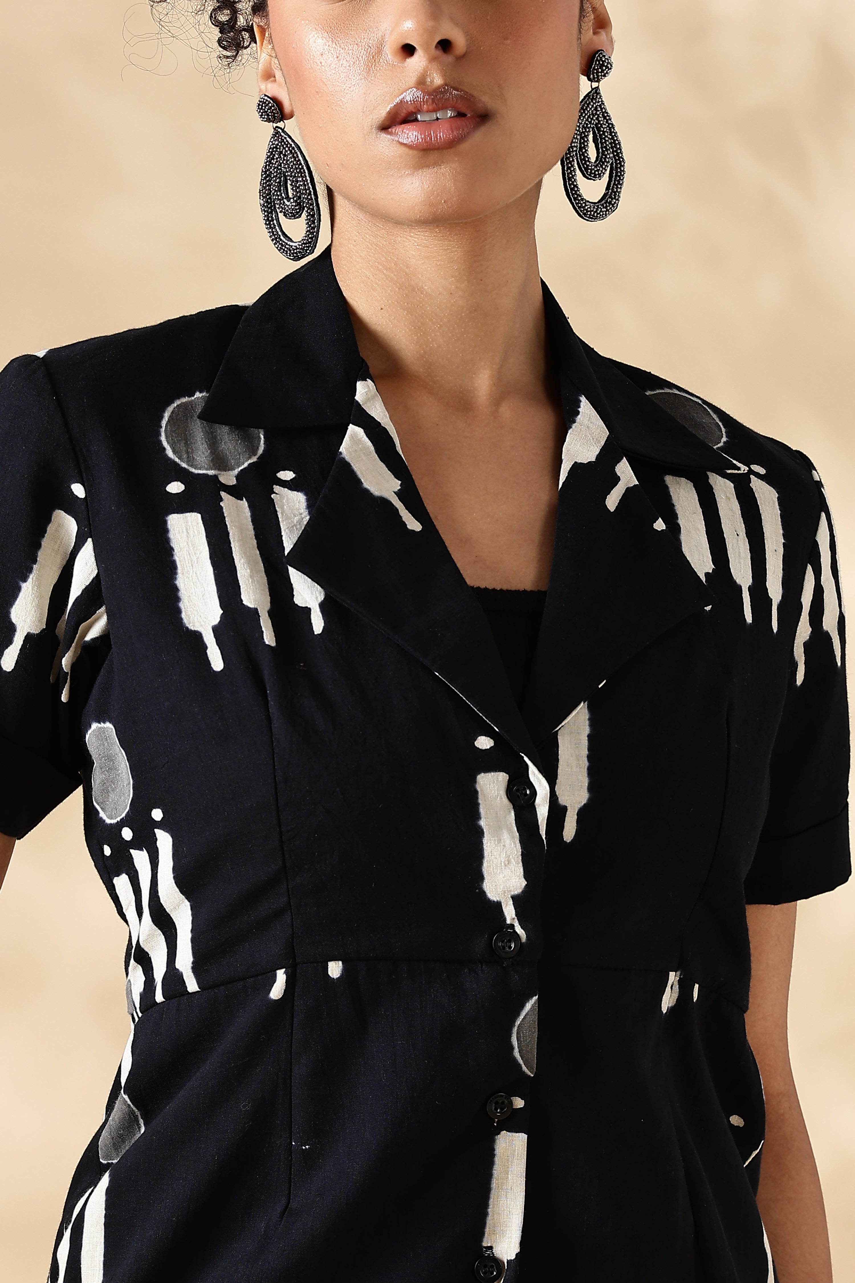 Black Hand block print Oversized Cuban Shirt: