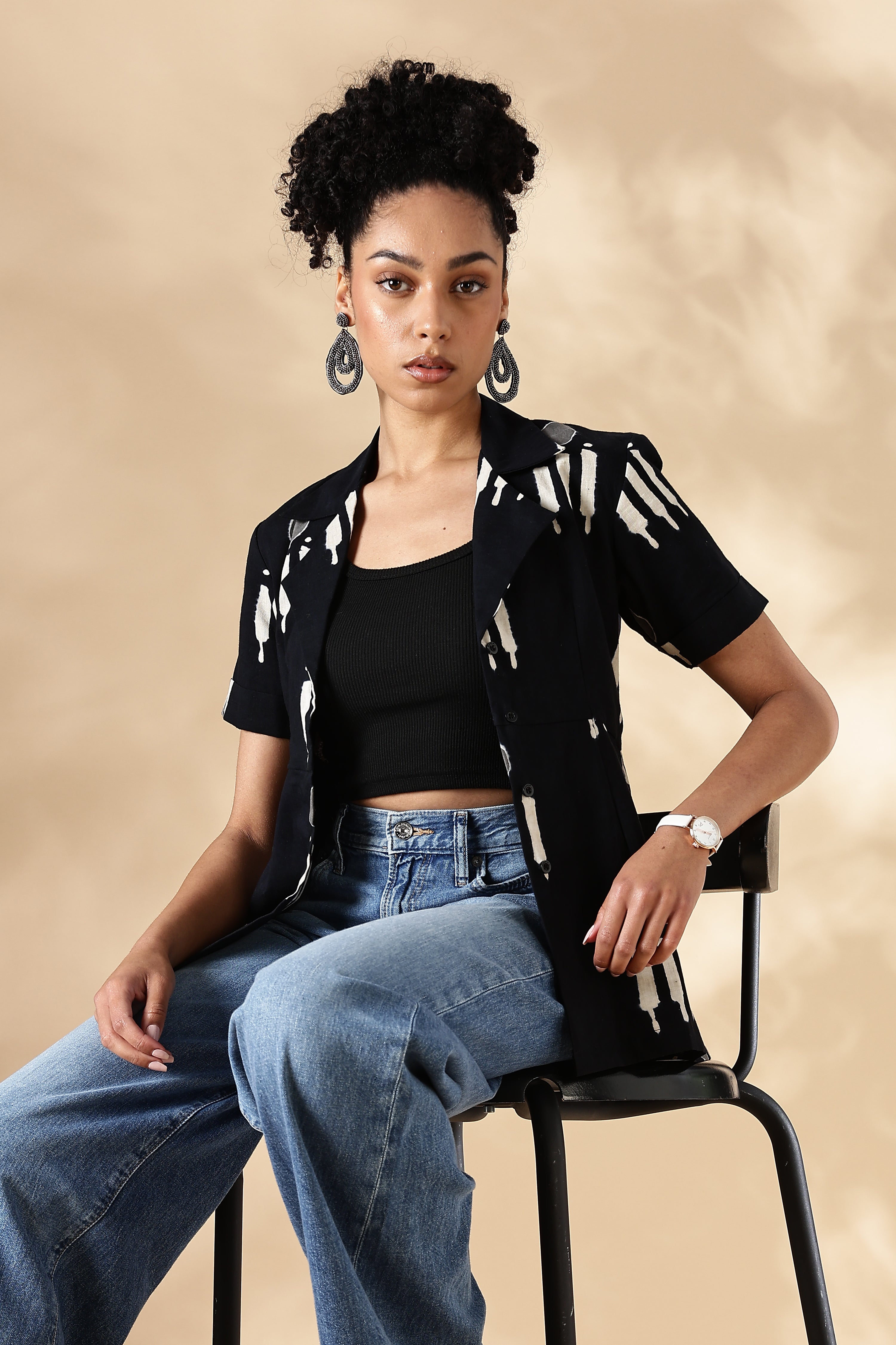 Black Hand block print Oversized Cuban Shirt: