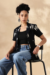 Black Hand block print Oversized Cuban Shirt: