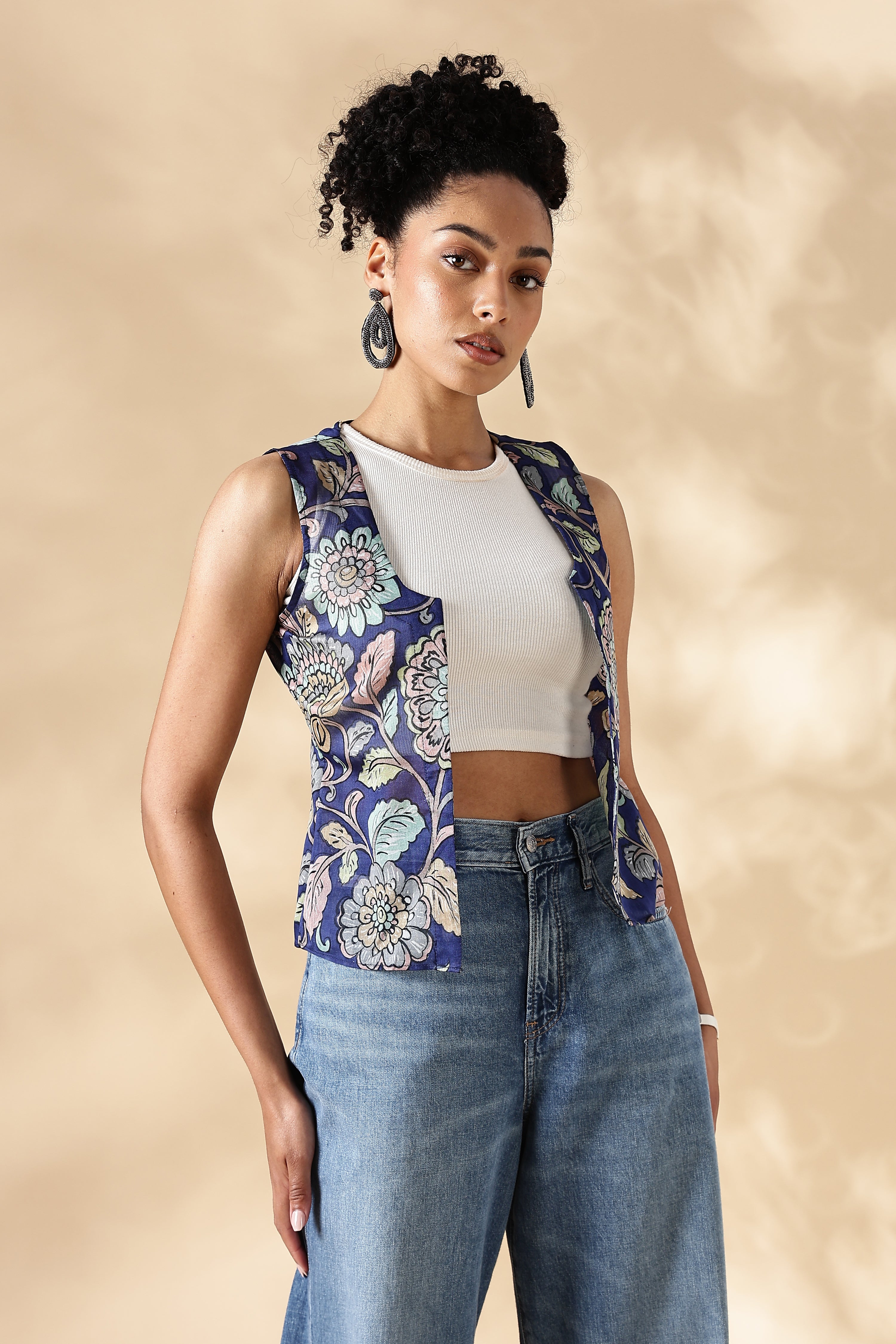 Chanderi Hand kalamkari blue coverup Vests
