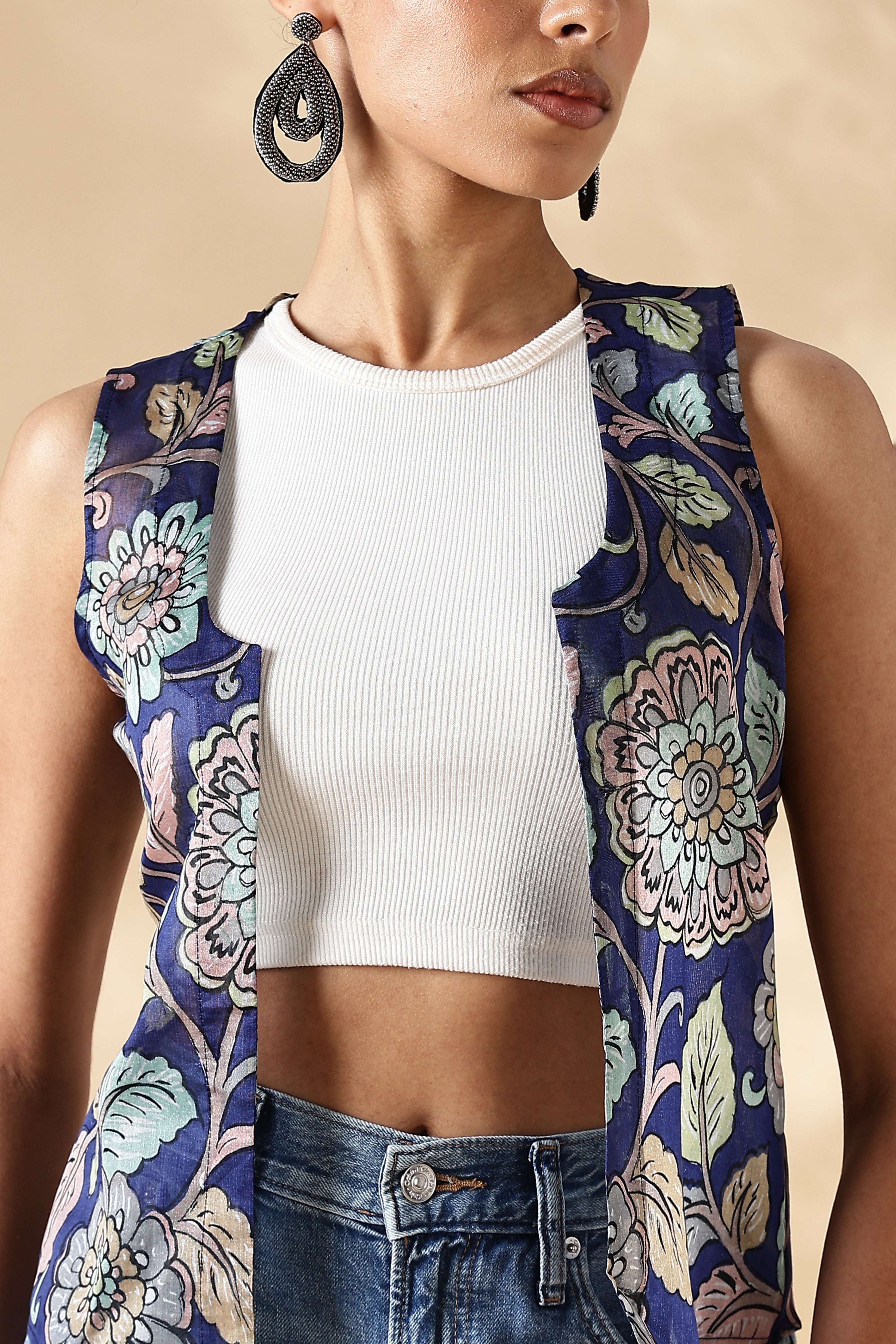 Chanderi Hand kalamkari blue coverup Vests