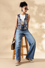 Chanderi Hand kalamkari blue coverup Vests