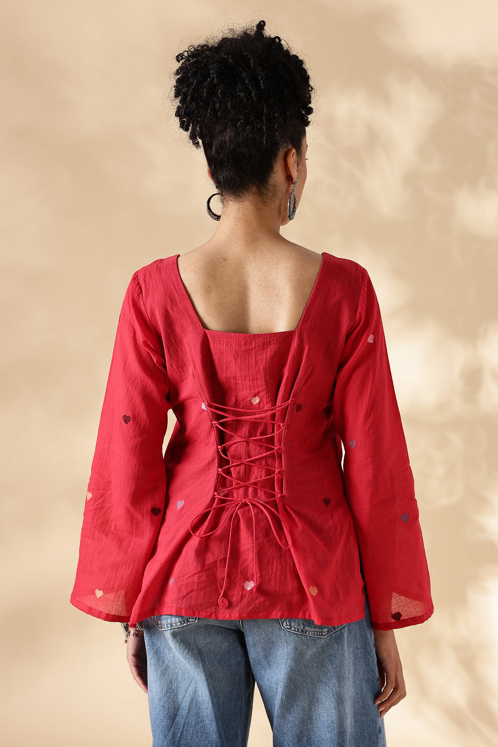 Handwoven Red heart Jamdani fitted short top with bell sleeves
