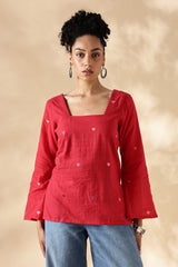 Handwoven Red heart Jamdani fitted short top with bell sleeves