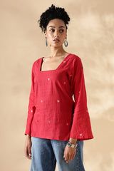 Handwoven Red heart Jamdani fitted short top with bell sleeves