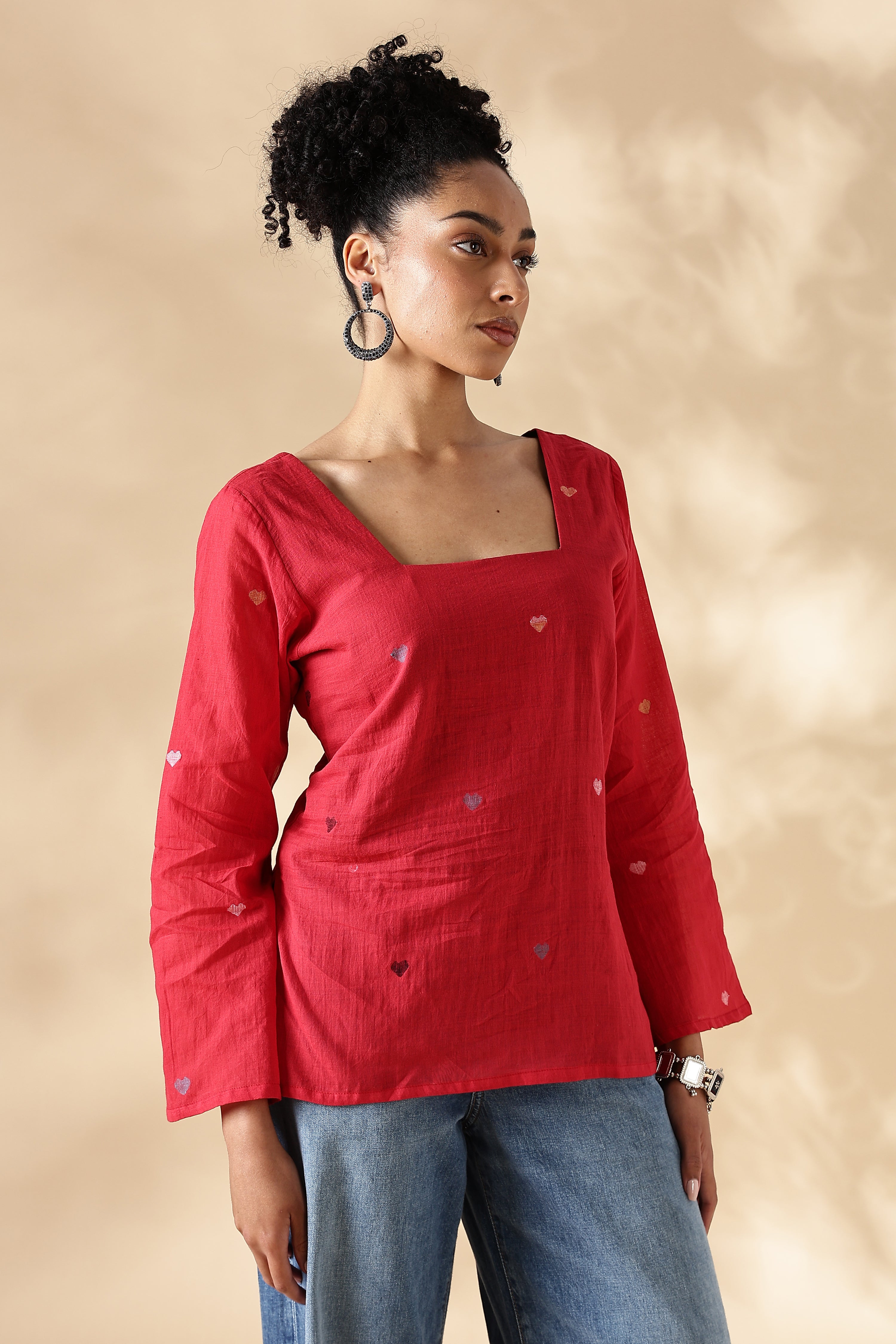 Handwoven Red heart Jamdani fitted short top with bell sleeves