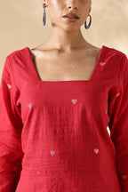 Handwoven Red heart Jamdani fitted short top with bell sleeves