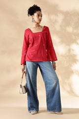 Handwoven Red heart Jamdani fitted short top with bell sleeves
